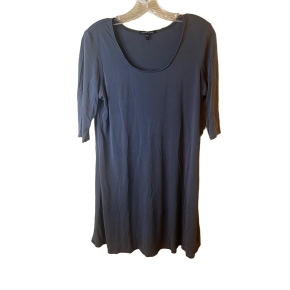 Eileen Fisher Silk Grey 3/4 Sleeves Scoop Neck Solid T Shirt Dress Small - Picture 1 of 6